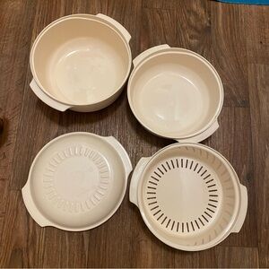 Vtg Tupperware Tupperwave System Microwave Stack Cooker Set Almond Beige 4pc